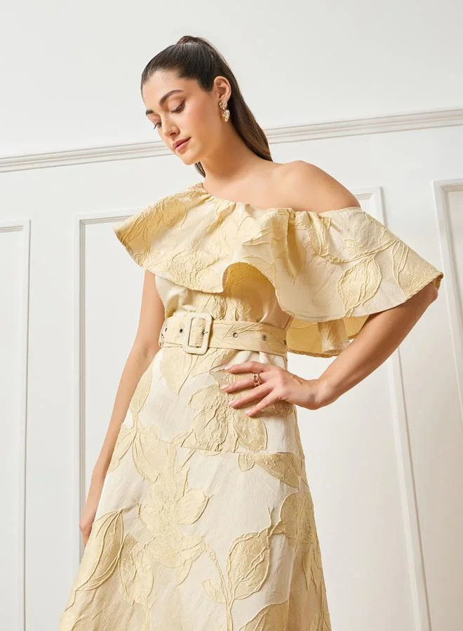 Styli Women Beige Floral One Shoulder A-Line Midi Dress